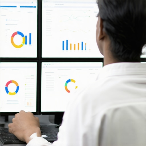 Credit Monitoring Dashboard Person analyzing credit scores and reports on multiple monitors