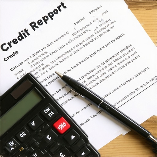 Open credit report with a pen and calculator on a wooden desk