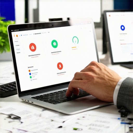 Person managing credit report on laptop with financial tools and documents.