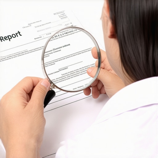 Illustration of a person examining credit report details with a magnifying glass.