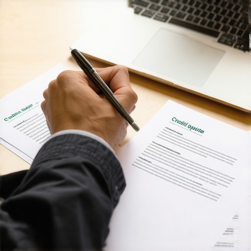 Person writing a credit dispute letter with documents and laptop
