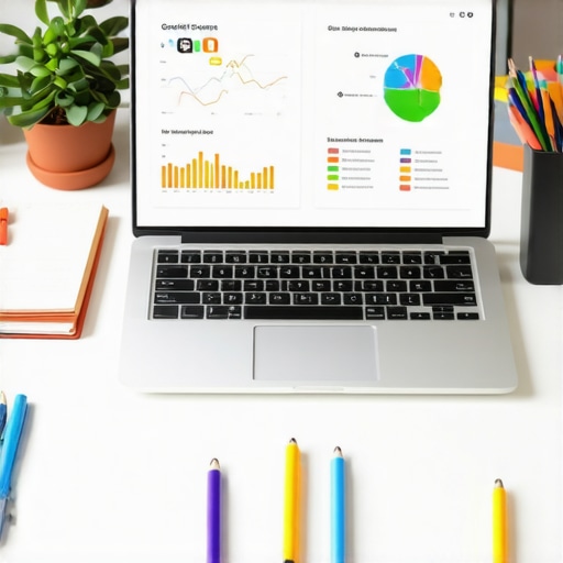 Effective Credit Management Tools Laptop showing credit scores and financial data with surrounding notebooks and pens.