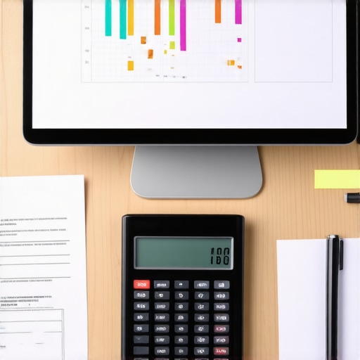 Close-up of computer screen displaying credit scores and alerts with a calculator and papers nearby.