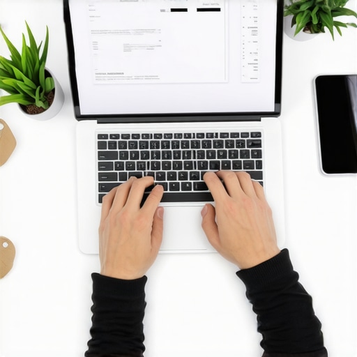 A workspace with a laptop, smartphone, and organized folders containing credit documents.