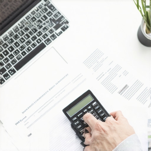Person reviewing financial documents with calculator and laptop