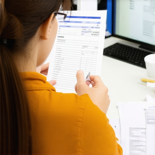 Person analyzing credit report and medical bills on computer during emergency