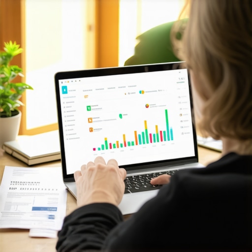 Person reviewing credit reports and dispute correspondence on laptop in a home office.