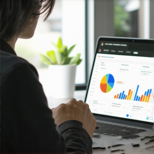 Person analyzing credit data on a computer with charts and analytics in a modern office environment