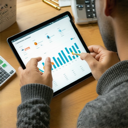 Person analyzing credit scores and reports on a tablet using financial tools.
