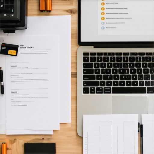 A tidy workspace with credit documents, a laptop showing a credit report, and a pen for signing agreements.