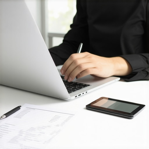Organized Credit Management Workspace Person managing credit reports and dispute tools on a desk with laptop and documents.