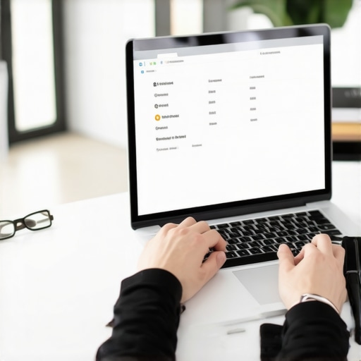 A workspace showing a laptop, credit reports, and software tools for credit management