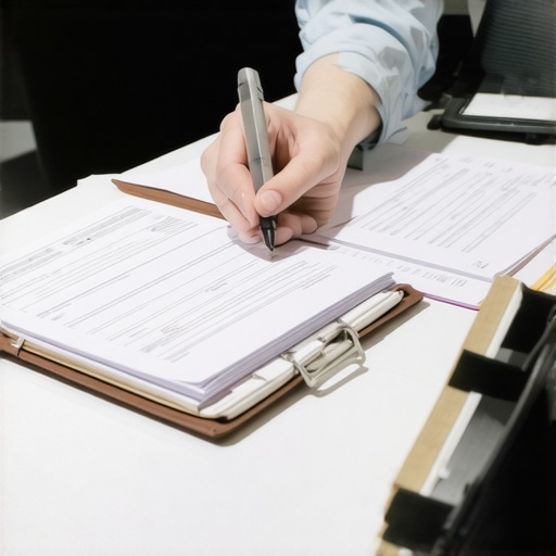 Individual arranging bank statements and dispute documents on a desk