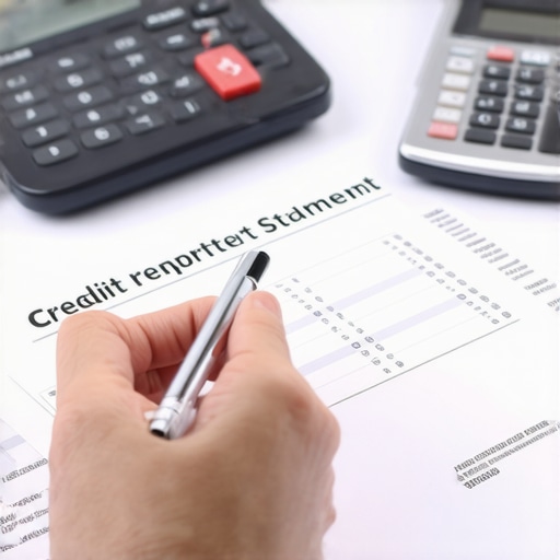 A person reviewing credit report documents with a pen and calculator on a desk.