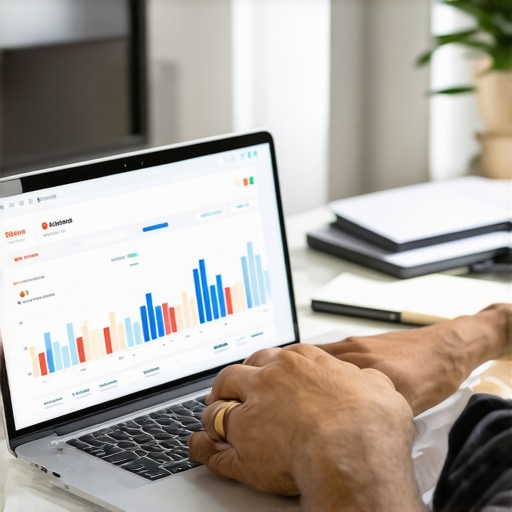Person analyzing credit reports on laptop with financial graphs