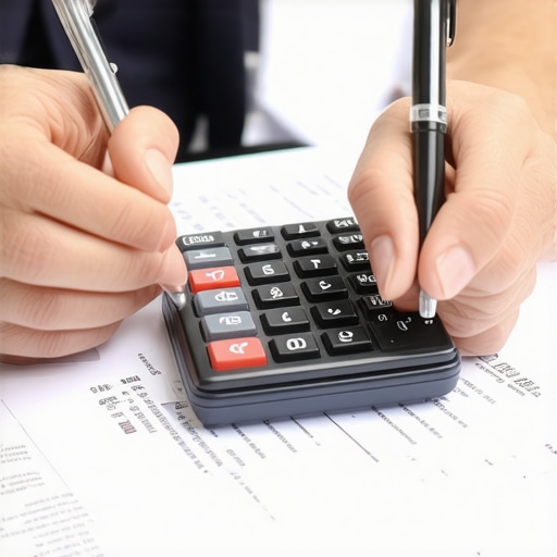 Person analyzing credit report with documents and calculator