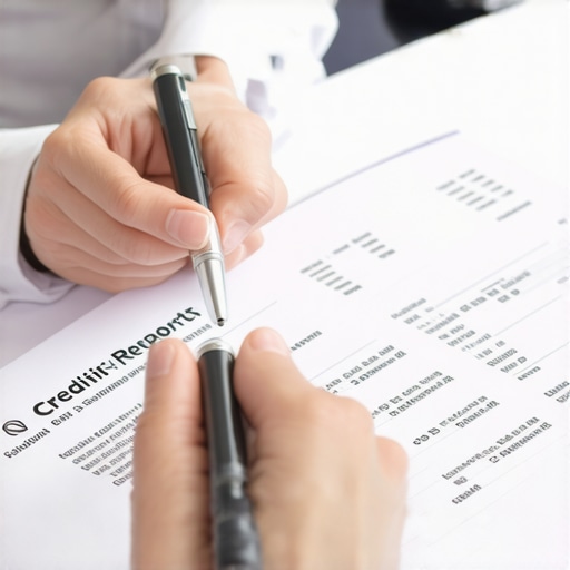 Reviewing Credit Report Corrections Person analyzing credit reports with documents and pen