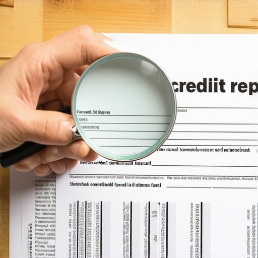 Person analyzing credit reports for inaccuracies with a magnifying glass.