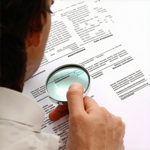 Close-up of a person analyzing credit reports with a magnifying glass for errors.