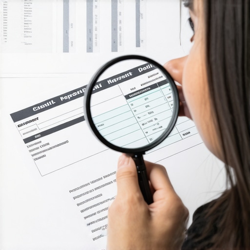 Person analyzing credit reports with a magnifying glass to find errors.