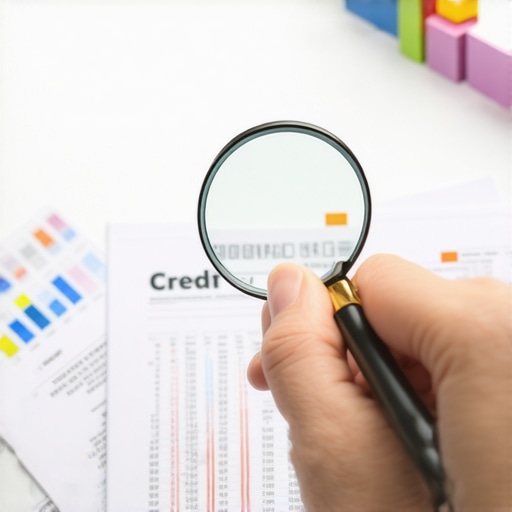 Person analyzing credit report details closely in an office setting.