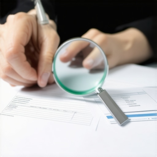 Person analyzing credit reports and medical bills with magnifying glass.