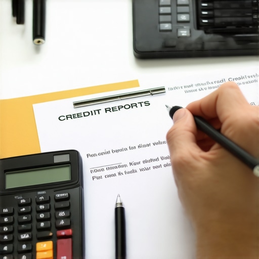 Person analyzing credit reports at desk with calculator and pen, symbolizing credit repair steps.
