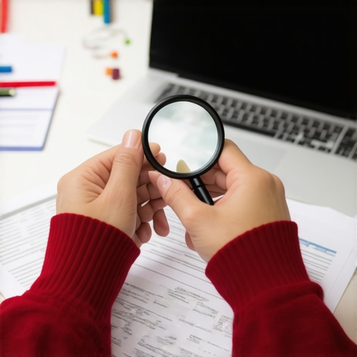 Person examining credit report documents with magnifying glass for errors