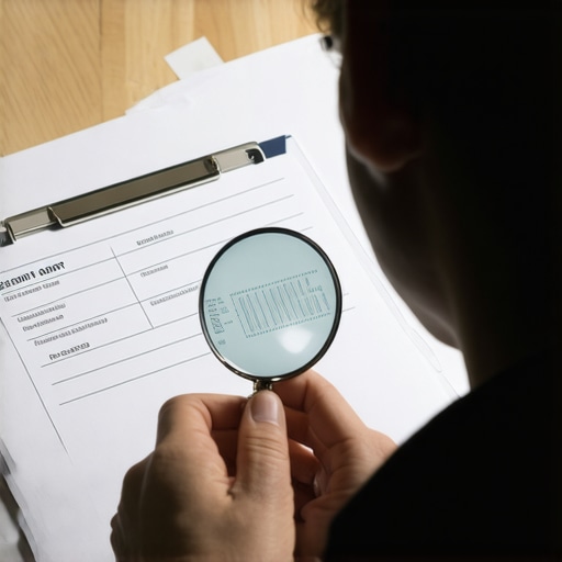 Person analyzing credit report details with magnifying glass.