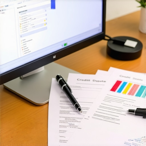 Person analyzing credit report for errors with computer and documents.