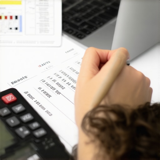 Person analyzing credit report documents with calculator and laptop