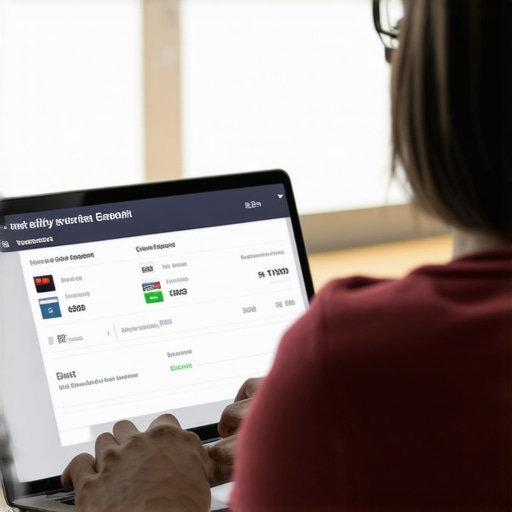 Person configuring utility payment reporting service on laptop to improve credit score.
