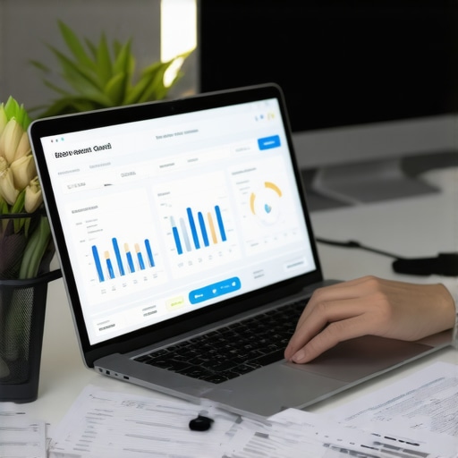 Person analyzing credit report on laptop with financial documents in the background.