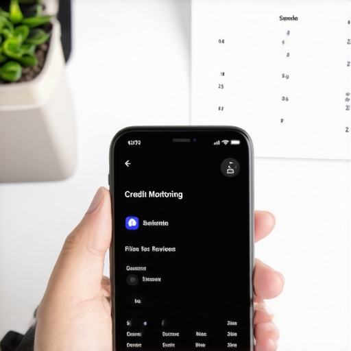 Person reviewing credit monitoring app on smartphone, with digital files and calendar in the background.