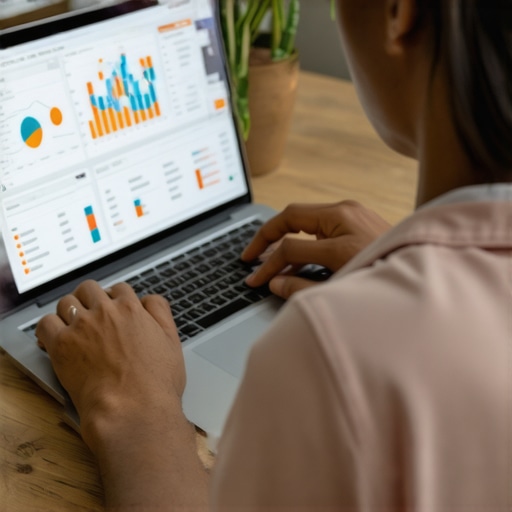 Person analyzing credit scores and reports on a laptop, surrounded by financial tools