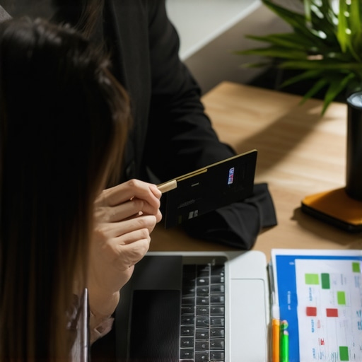 Individual monitoring credit score using computer and financial tools in a modern home office