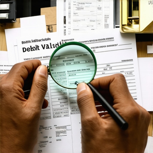 Person carefully examining debt validation papers with a magnifying glass