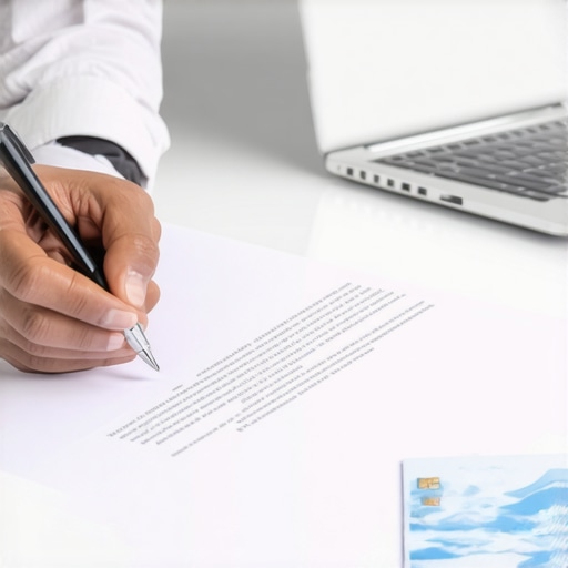 Person creating a formal goodwill letter with credit documents on a desk.