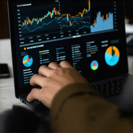 Person using a laptop with credit score graphs and financial tools on screen.