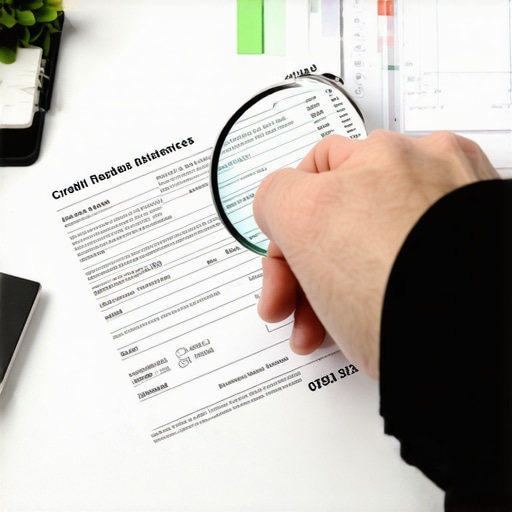 Person analyzing credit report to find errors, magnifying glass highlighting account status