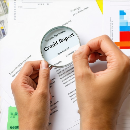 Individual analyzing a credit report with documents and a magnifying glass.
