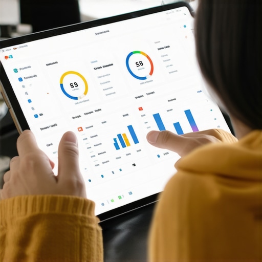 Digital Credit Monitoring Dashboard Person reviewing credit scores on a tablet with monitoring tools