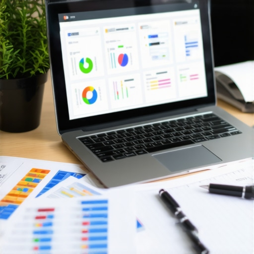 Digital Credit Monitoring Tools in Action Laptop with credit dashboard on screen and financial papers.