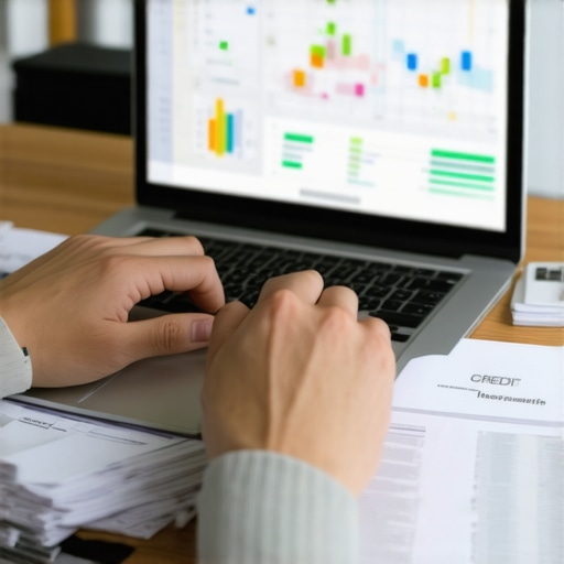 Person reviewing credit report and tools on laptop for ongoing credit score management.
