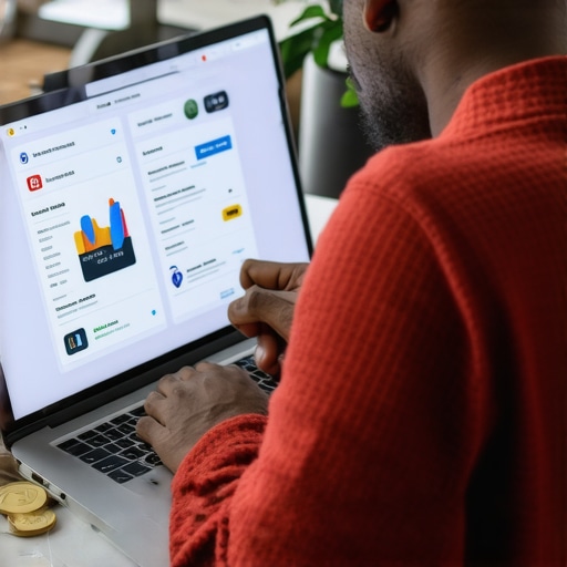 Person analyzing credit report on laptop with financial documents and tools