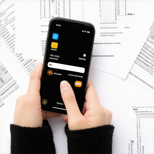 Managing credit limits smartly Person reviewing credit card account on smartphone with financial documents nearby