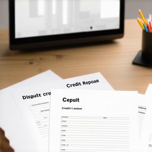 Desk setup with credit documents, laptop, and dispute tools for credit maintenance.