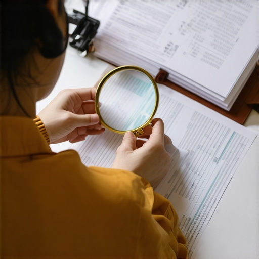 Person reviewing credit reports and financial records with a magnifying glass, symbolizing thorough dispute process.