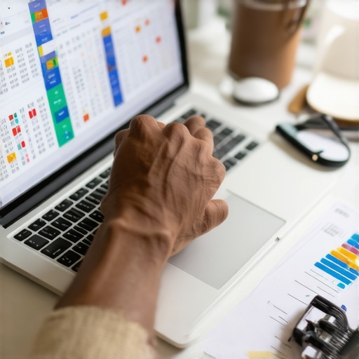 Person analyzing credit reports on a laptop surrounded by financial documents and tools.