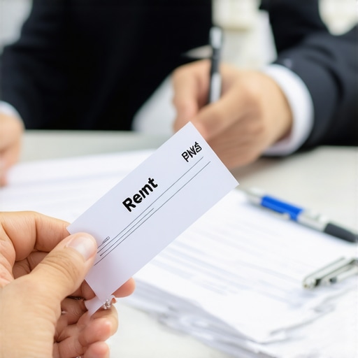 Person giving formal rent proof document to landlord in an office setting.